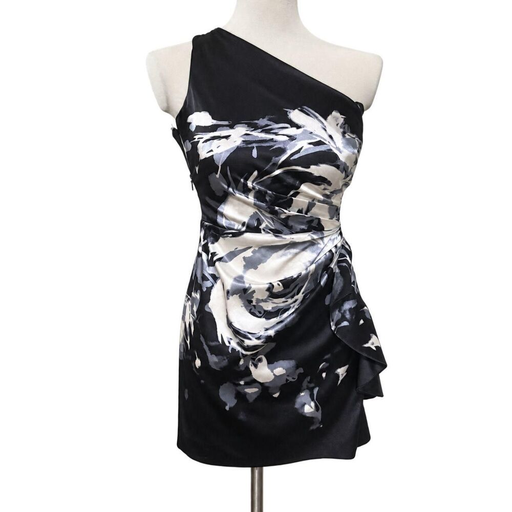 London Times Black Abstract Floral Draped Cocktail Dress Size 14